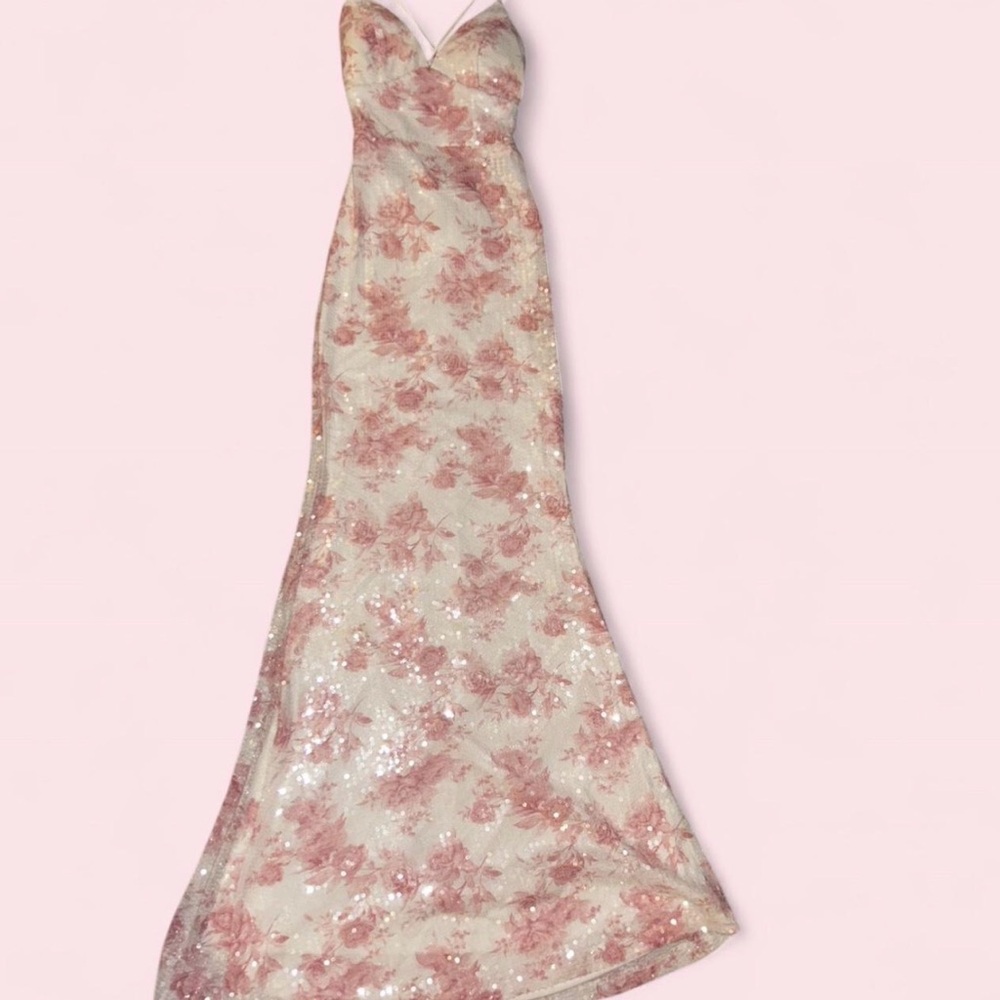 Windsor Pink Floral Sequin Prom Dress